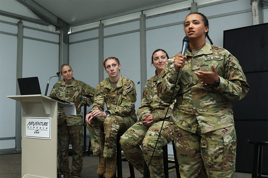 2nd Lt. Charnelle Pinson, a forward support medevac section leader with the Wisconsin Army National Guard’s 1st Battalion, 168th Aviation Regiment speaking in West Bend, Wisconsin